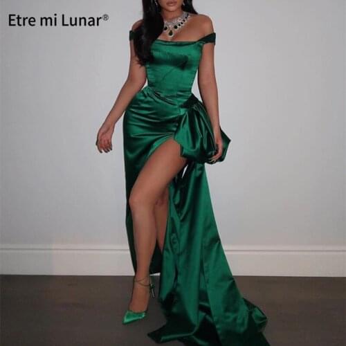 Sexy Green Strapless Elegant Boat Neck Evening Dresses High Split Mermaid Formal Evening Gowns Real Photo LE4050