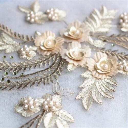 1Pc 34X 25cm 5Colors Wedding Dess Floral Embroidery Sewing Patches Beaded Lace Applique Flower Trims DIY Craft BD0233