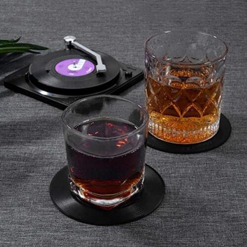 6pcs Disc Design Drink Coaster Set With Record Player Holder Creative Non-slip CD Shaped Cup Mat With Storage Base