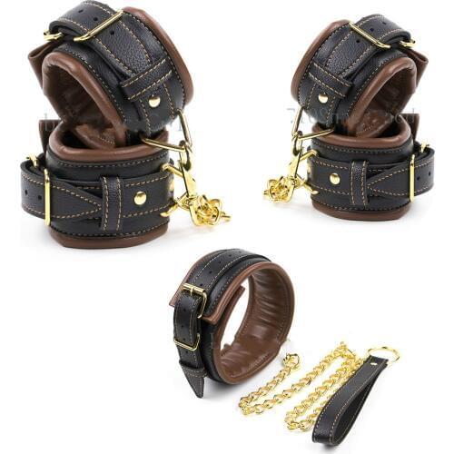 Brown Bondage Padded Leather Wrist Ankle Cuffs Handcuff Collar Restraint Toy bondage sex sex toy for couple adult sex toys sex