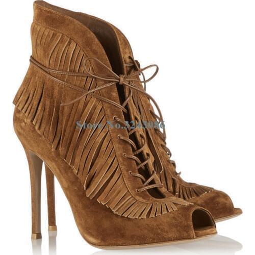 Peep Toe Fringe Thin High Heel Sandals Boots Brown Faux Suede Stiletto Heel Casual Shoes Cross Tied Ankle Strap Ladies Shoes