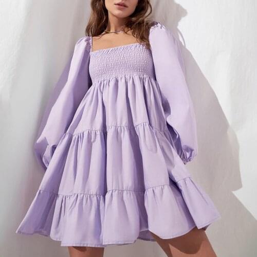 Fandy Lokar Square Collar Puff Sleeve Dresses Women Fashion Solid Dress Women Elegant Collected Waisted Dresses Female Ladies