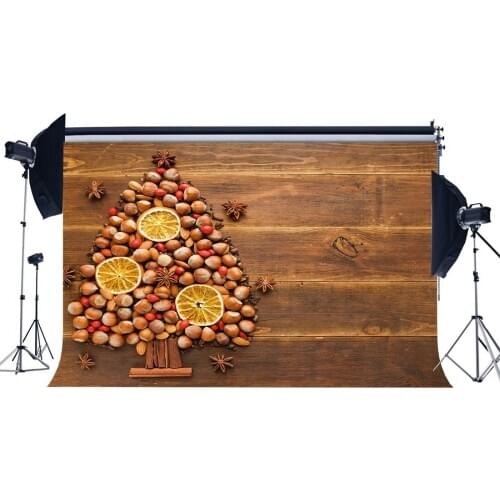 Photography Backdrop Christmas Tree Lemon Slice Chestnut Rustic Wood Floor Xmas Backdrops