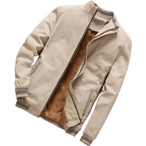 Men Coat 2021 Men Fleece Jacket Stand Collar Inside Pocket Autumn Winter Long Sleeve Zipper Thickened Coat for Daily Wear