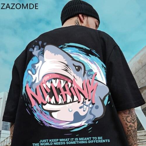 ZAZOMDE T Shirt Summer Half Sleeves Hip hop Ins great white shark Fashion Streetwear Couples Unisex Tee Tops 2021 Tees M_5XL