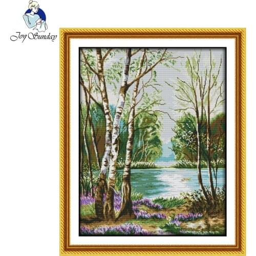 Joy Sunday Embroidery Floss Wall Decoration Needlepiont Cross Stitch Needlework Set Printed Cross Stitch Beautiful View of Lake