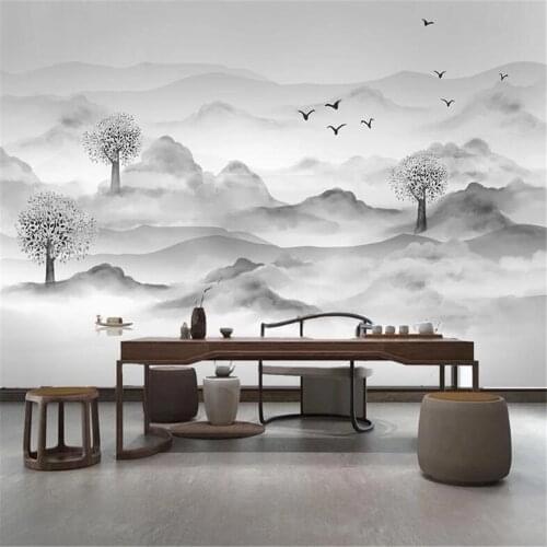Milofi luxury classical ink landscape new Chinese style bedroom m living room TV background wall decoration painting