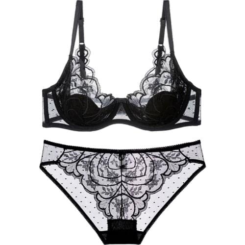 Sexy Mesh Transparent Floral Lace Bra and Panties Set Underwear with Push Up Thin Cotton Lined Women French Lingerie Plus Size