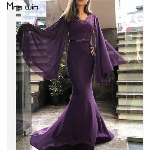 Mrs win Bridesmaid Dress Chiffon V-neck Long Sleeve Wedding Party Dresses HR142 Under 50 Plus Size Mermaid Vestido Madrinha 2020