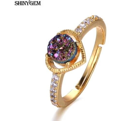ShinyGem Classic Love Heart Natural Crystal Druzy Stone Rings Retro Gold Plating Micro Inlay Rhinestone Wedding Rings For Women