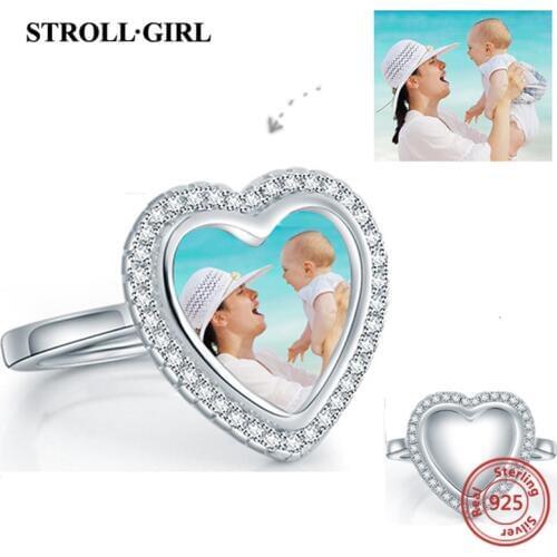 Strollgirl New 100% 925 Sterling Silver Personalized Custom Photo Heart Shape Rings with Clear Cz for Woman Anniversary Gifts