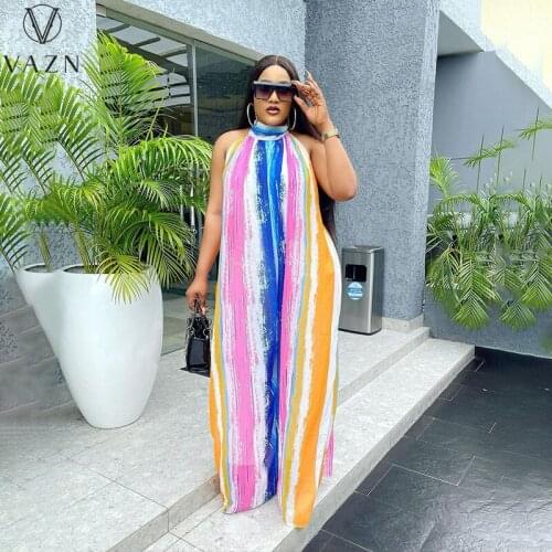 VAZN 2021 Hot Long Dress High Quality Chiffon Holiday Sweet Halter Backless Sleeveless Open Women Loose Maxi Dress