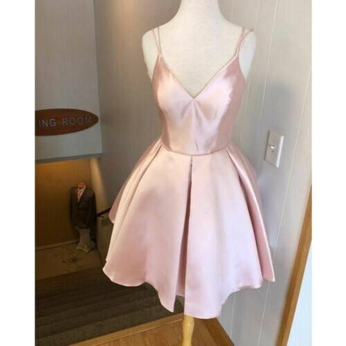 Vintage Short Satin Homecoming Dresses with Pockets A-Line Pink Knee Length V Back Graduation Dresses for Juniors