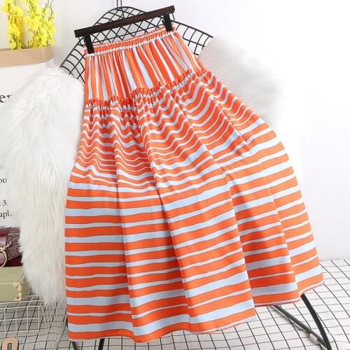 Spring New High-Waisted Thin Mid-Length Fashion Wood Ear Stitching Striped Big Skirt Female Autumn Winter 33