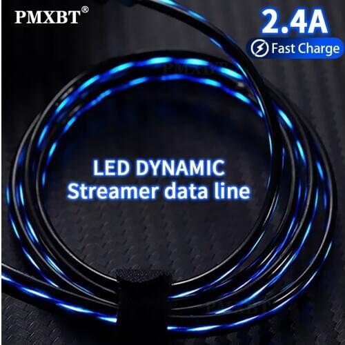 Flowing LED Data USB Charger Type C/Micro USB/8PIN Charging Cable For Samsung S10 S9 Auto Power-off Smart Protection Bright Cord