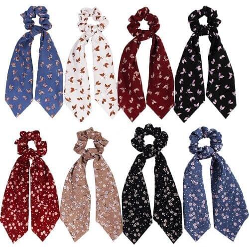 Fashion Floral Print Scrunchie Silk Elastic Hair Ribbons For Women Hair Scarf Bows Rubber Ropes Girls Hair Ties Hair Accessory