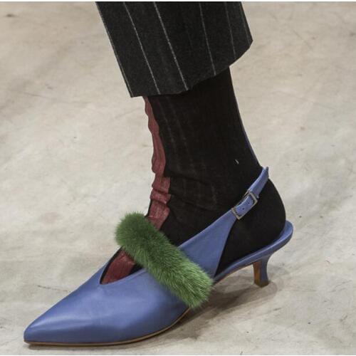 2018 Latest Brand Women Solid Python Slingback Pointed Toe V-shape Fur 50 mm Med Stiletto Heels Mules Comfortable Sandals Lady