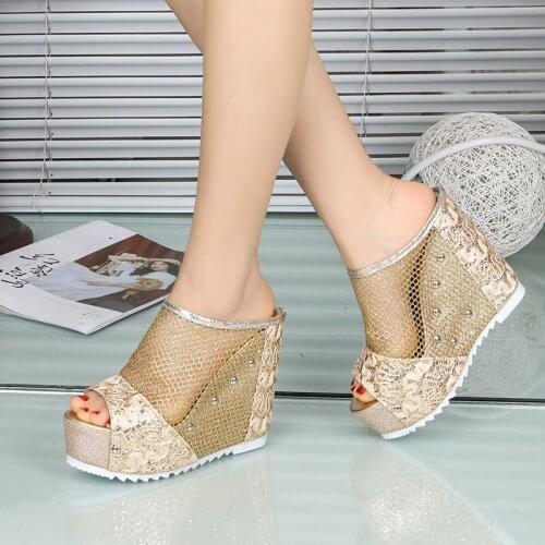 2021 Sexy Wedges Peep-toe Women Sandals Thick Platform Mash Lace Ladies Slides Modern Slippers Super High (8cm-up) Summer Shoes
