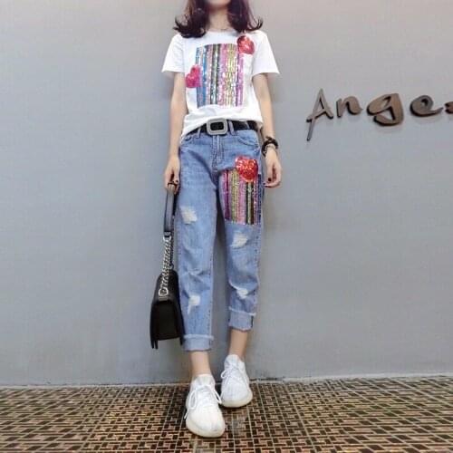 Two-piece Women Summer Suit 2021 New Casual Sequin Printed Short-sleeved T-shirt Ripped Jeans 2-piece suit Student Clothing