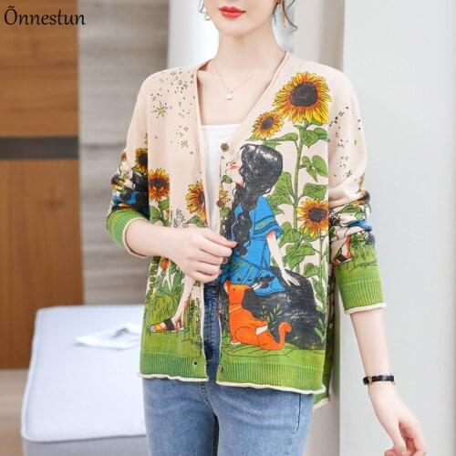 Print Female Cardigan Autumn Spring Knitted Sweaters Women Korean Fashion Long Sleeve Tops V Neck Soft Cardigans Women