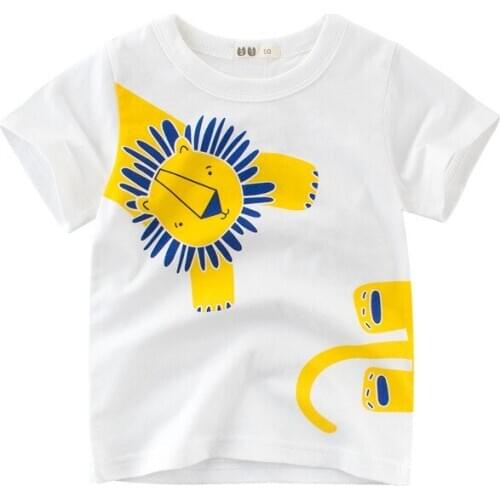 ZWF698 Cartoon Animals Baby Kids Boys Girls Children Cotton Short Sleeves Summer Clothing Character Print Tee Red Car Toddler