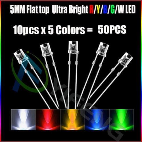 10pcs x 5 Colors = 50pcs 5mm 2pins Flat top White Red Yellow Blue Green Wide Angle light emitting diode lamp LED