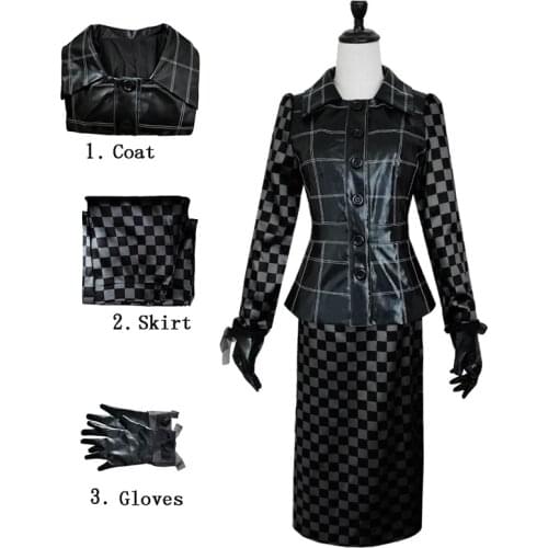 Anime Cruella De Vil Cosplay Costumes Performance Dress Cruella Faux Leather Skirts Movie Costume Wig Women Set Halloween Party