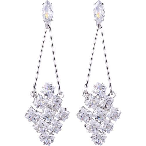 Shiny Full Cubic Zirconia Drop Earrings Zircon Gold Silver Plated Korean Style Rhombus Ear Stud Earrings Evening Party Jewelry
