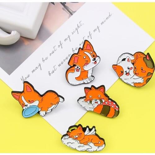 Orange little animal Enamel Brooch Corgi cat Raccoon Cartoon Lapel Pin Embrace sleeping angel wings kitten Custom Badge