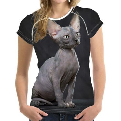 FORUDESIGNS-Ladies 3D Hairless Cat Print T-shirt Bodybuilder O-neck Short Sleeve Stretch T-Shirt Summer 2021 Model
