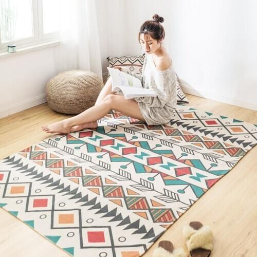 Nordic Geometric Cotton and Linen Woven Carpet Floor Mat Door Bedroom Tapestry Decorative Blanket Tea Living Room area rug Black