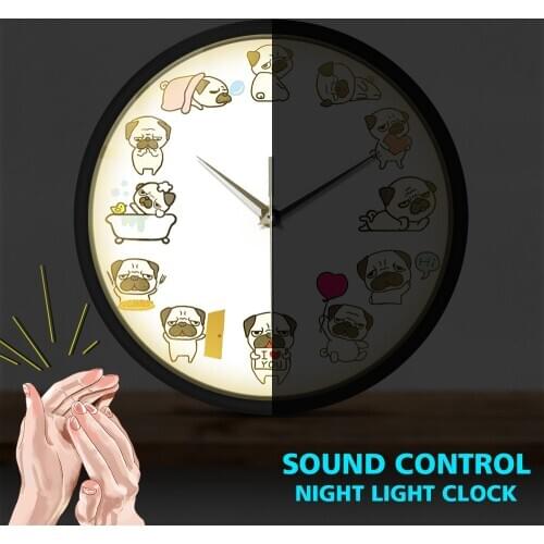 Cute Cartoon Pug Dog Metal Frame LED Wall Clock Funny Clap Sound Control Smart Clocks Watch Puppy Lover Home Decoration Horologe