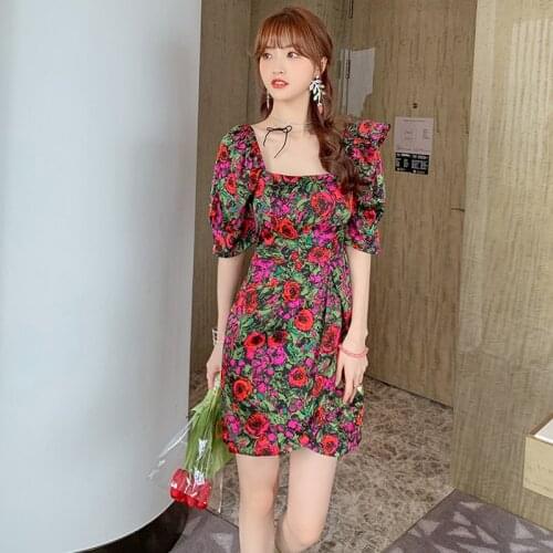 Fashion Summer Korean Retro Square Neck Puff Sleeves Midi Party Dress Ladies Elegant Streetwear Casual Floral Print Beach Dress