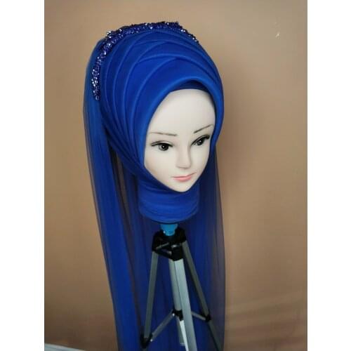 Womens Blue Color Muslim Hijab Scarf Ready to Wear Turban Islamic Headscarf Female Head Wraps lycra tulle wedding party