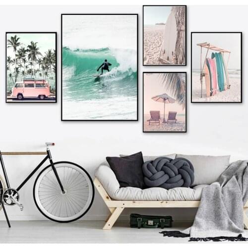 Sunny Beach Bus Surf Palm Trees Wall Art Canvas Painting Nordic Posters And Prints Landscape Wall Pictures For Living Room Decor