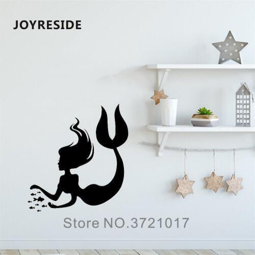 JOYRESIDE Ocean Animal Wall Girl Mermaid With Little Fish Decal Vinyl Sticker Decor Home Bedroom Living Room Interior Mural A314