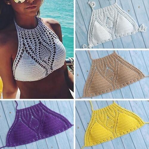 New Bikini Top Handmade Crochet Women Boho Beach Bralette Solid Halter Knitted Swimsuit Brazilian Bikinis Bathing Suit Top