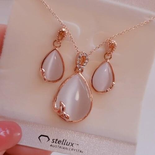 Ociki Rigant Rose Gold Color Opal Necklace and Earring Jewelry Set Waterdrop Vintage Crystal Dropshipping for Women Gift