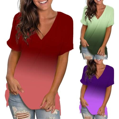 Plus Size Womens T-shirt 2021 Summer Gradient Print Tunic Top Casual Short Sleeve V-Neck T-shirt Top Loose Female Basis T-Shirt