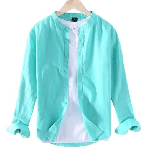 Stand Collar Long Sleeve Shirts for Men Cotton Linen Classical Slim Fit Minimalist Casual Tops Male Daily Green Button Up Shirt