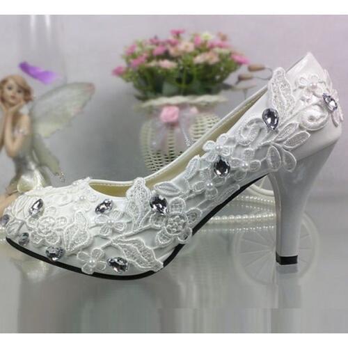 Lace wedding shoes womens handmade plus size white lace with silver crystal rhinestones bridal pumps shoes