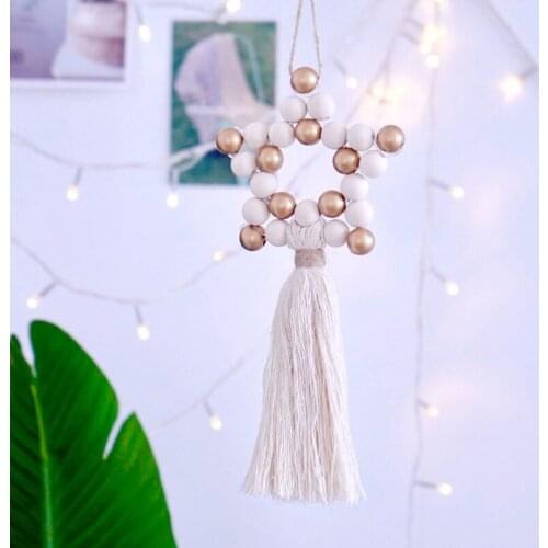 W3JE Five-pointed Star Wooden Beads String Farmhouse Ornaments Hanging Pendant Garland Christmas Home Decorations