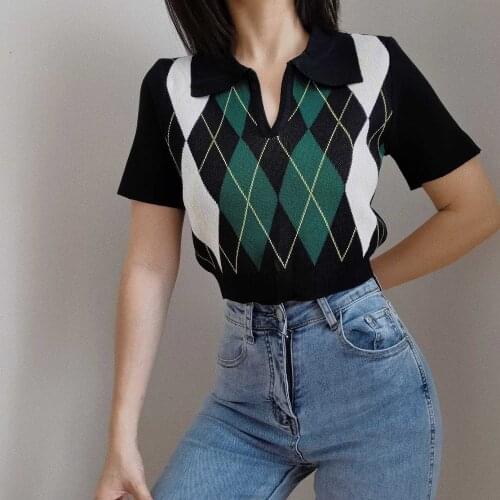 WOMENGAGA Argyle Plaid Knitted Short Sleeve Turn-down Collar T-shirt Women 2021 Summer College Style Short Pullover Sweater GG3T