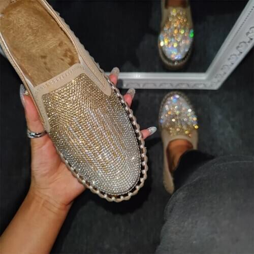 Shiny Bling Rhinestone Women Flats Sewing Round Toe Thick Sole Platform Slip on Luxury Casual Shoes Female Ladies Sneakers 2020