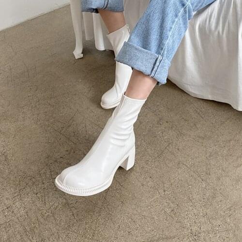 Autumn Winter Ladies PU Elastic Zipper Leather Solid Color Mid Calf Boots Spring Thick Heel Solid Color Womens Shoes