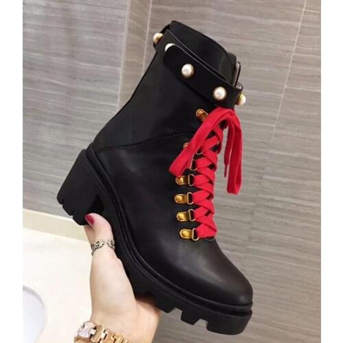 New Genuine Leather Galdiator Lace Up Platform Women Boots Round Toe Thick Heel Crystal Designer Boots Shoes Botas De Mujer