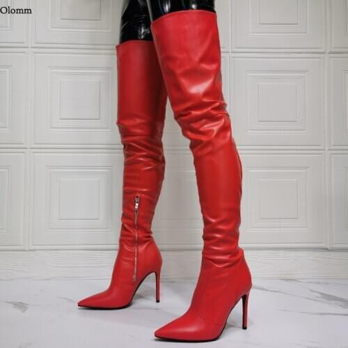 Olomm 2021 Handmade Women Thigh High Boots Sexy Stiletto Heels Pointed Toe Gorgeous Red Party Shoes Women Plus US Size 6-15