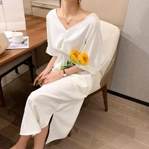 QOERLIN White Ladies Dress V-neck Half Sleeve Large Size Summer Chic Women Criss-Cross White Loose Long Dress Maxi Vestido Mujer