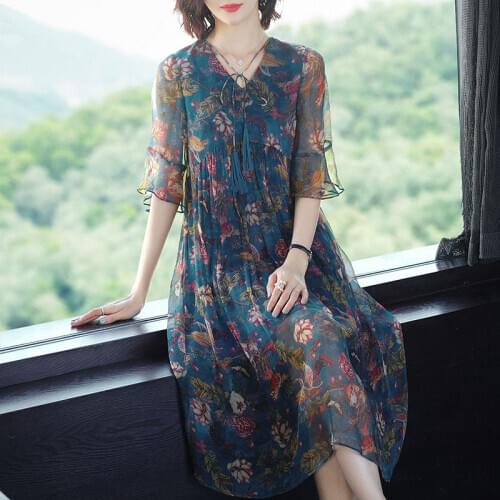 2020 New Summer Middle Aaged Women Ice Silk Causal Midi Dress Female Flower Printed Fashion V Neck Dresses Vestitos W186