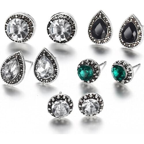5 pairs of dazzling blue and white black gem bohemian earrings for women